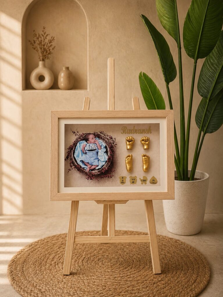 Newborn baby 3D hand and feet impressions in premium wooden frame