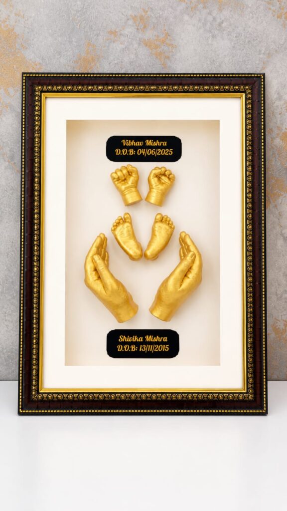 Family hand casting frame including sibling and parent hands