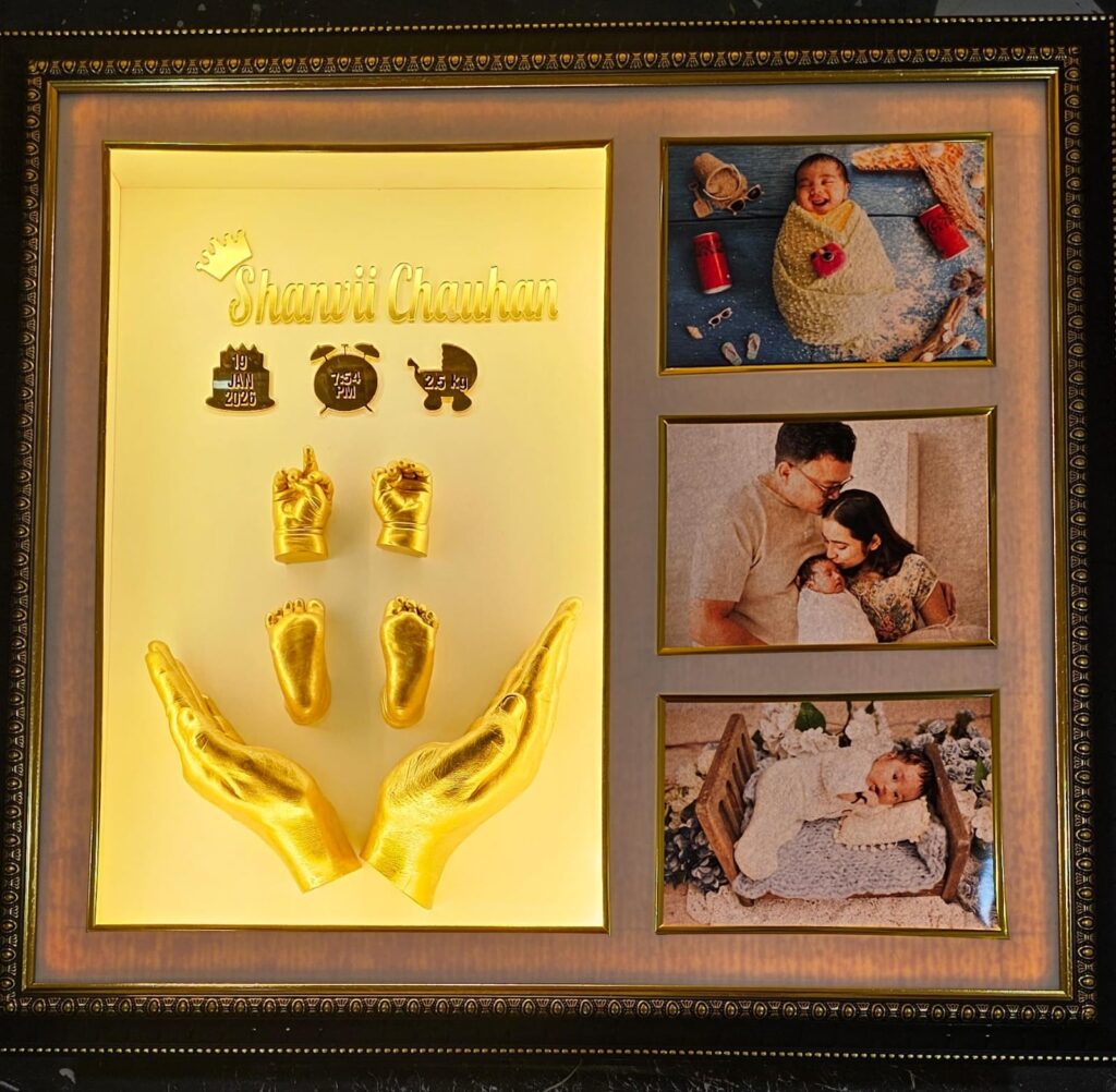 Family casting frame of size 20*24 with warm lights and a partition is created to put family pictures in the frame